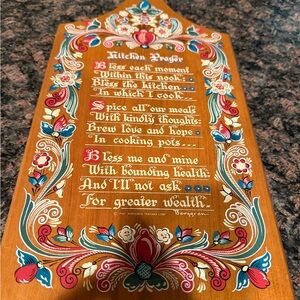 Berggren kitchen prayer cutting board w painted flowers vintage 1962